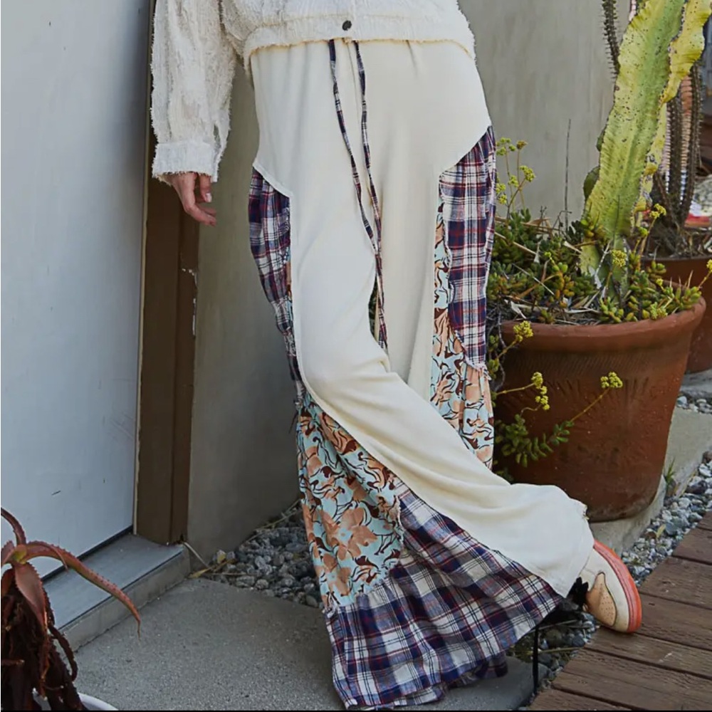 Cream and Multicolor Patchwork Bohemian Super Wide Leg 💯% Cotton Pants